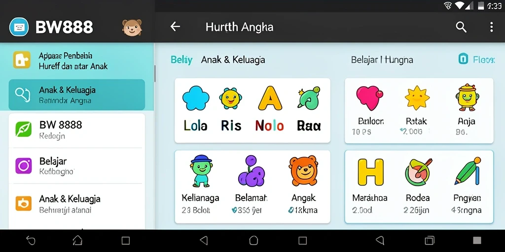 Screenshot aplikasi BW888 menampilkan antarmuka pembelajaran huruf dan angka.